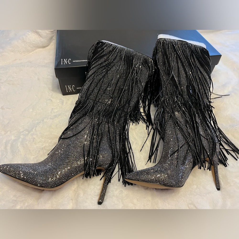 INC Ishani black MC fringe sparkle knee high boots.  New, never worn.